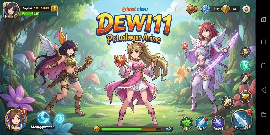 Tampilan gameplay menarik dari DEWI11 dengan karakter anime berwarna-warni.