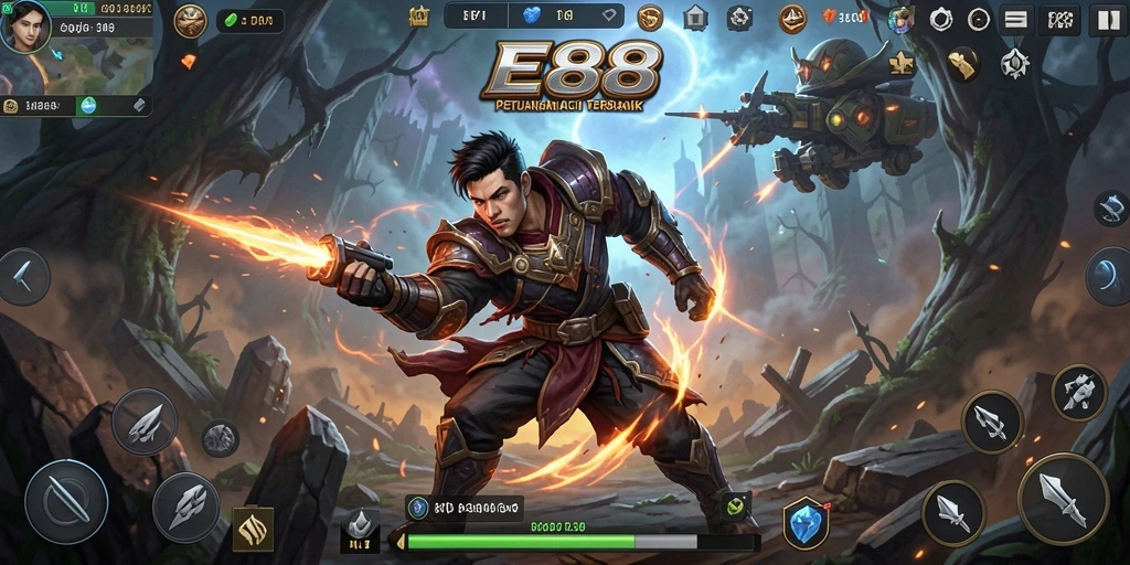 Screenshot E88 menampilkan pertarungan epik dan karakter menawan dalam dunia fantasi.