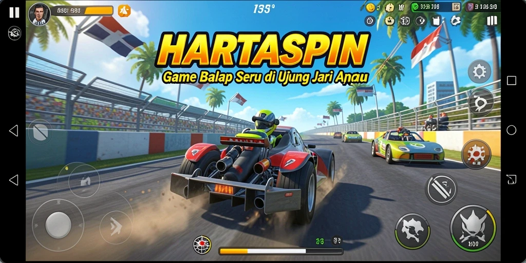 Gameplay seru HARTASPIN dengan balapan cepat dan adrenalin tinggi.