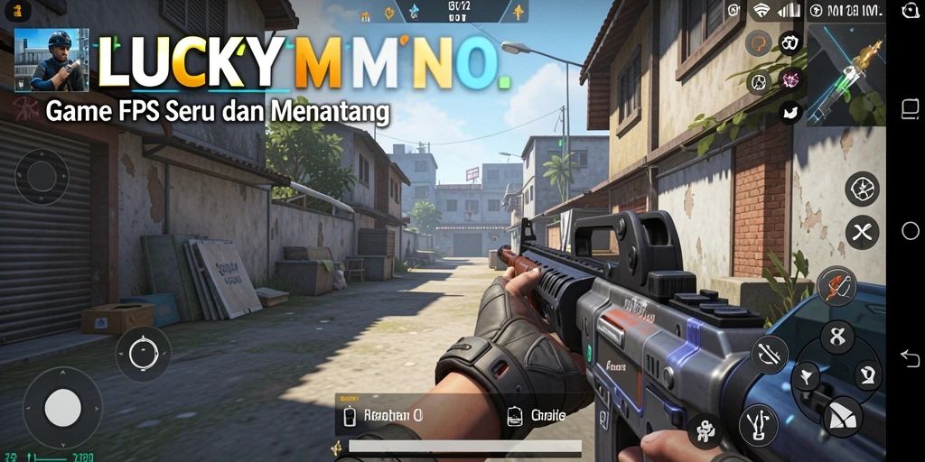 Screenshot utama LUCKYMINO menunjukkan aksi intens dalam gameplay FPS.