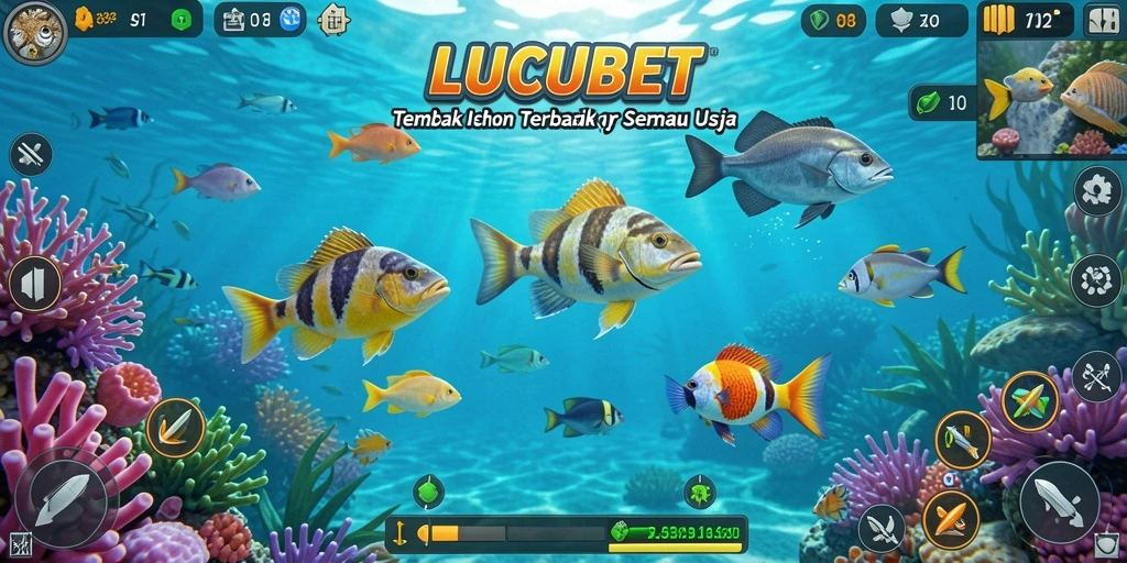 Tampilan gameplay LUCUBET dengan banyak ikan untuk ditembak.