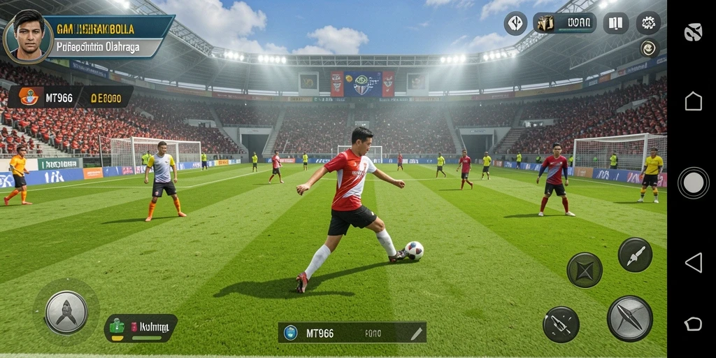 Screenshot gameplay MT966 menampilkan aksi seru sepak bola.