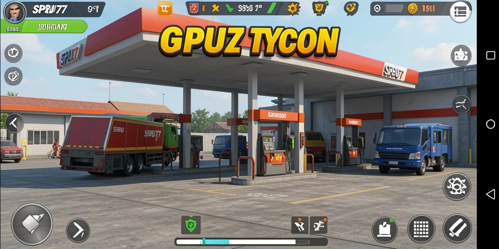 Tampilan gameplay SPBU77 dengan pengelolaan stasiun pengisian bahan bakar.